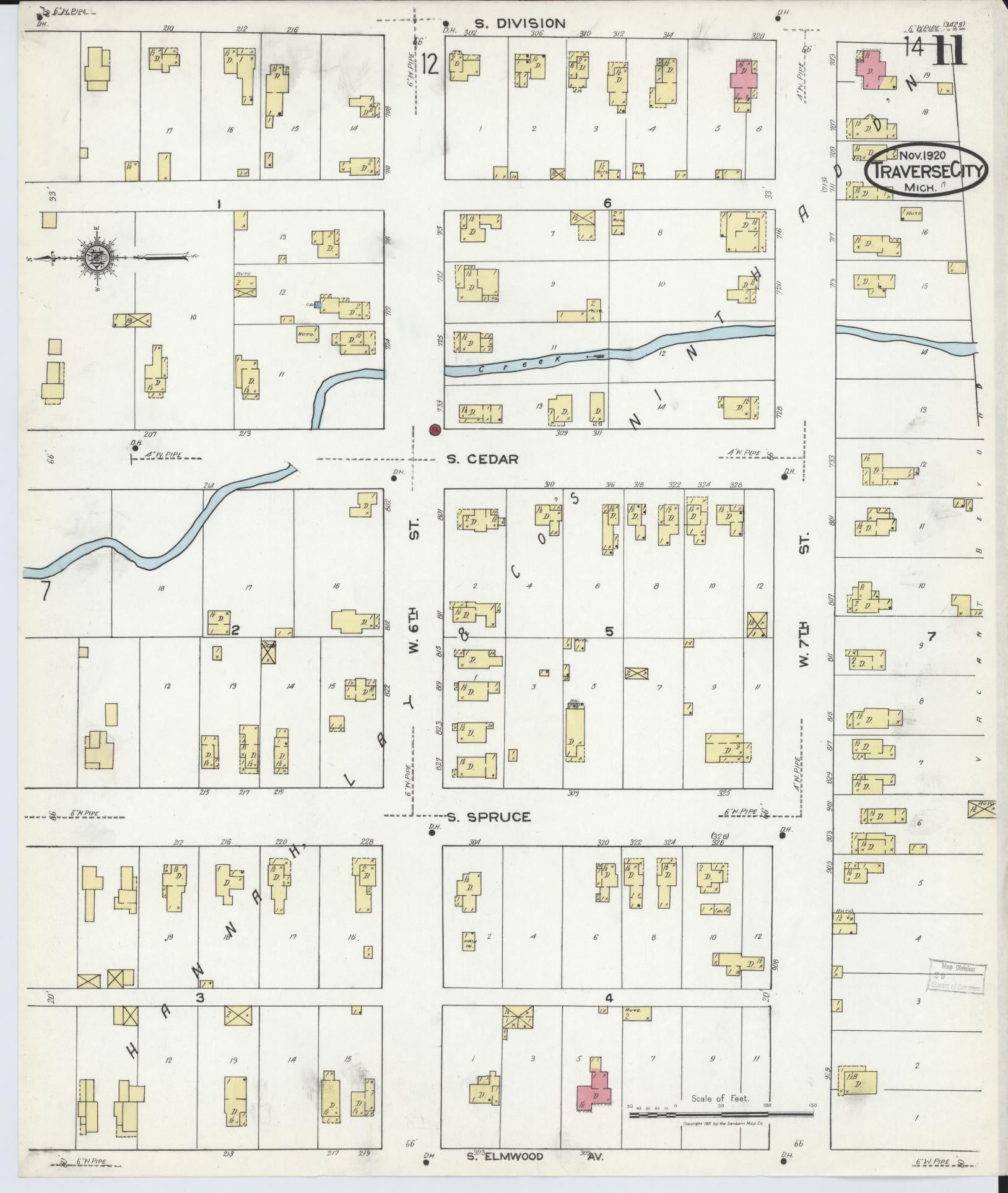 Sanborn Fire Insurance Map from Traverse City, Grand Traverse County, Michigan (1920), Sheet #0011 - Historic Sanborn Fire Insurance Map Print, vintage old map wall art, antique decor, genealogy gift, Michigan Michigan map