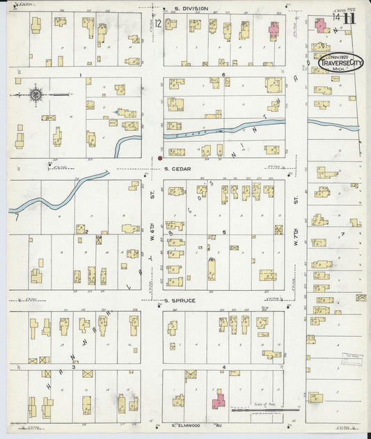 Sanborn Fire Insurance Map from Traverse City, Grand Traverse County, Michigan (1920), Sheet #0011 - Historic Sanborn Fire Insurance Map Print, vintage old map wall art, antique decor, genealogy gift, Michigan Michigan map