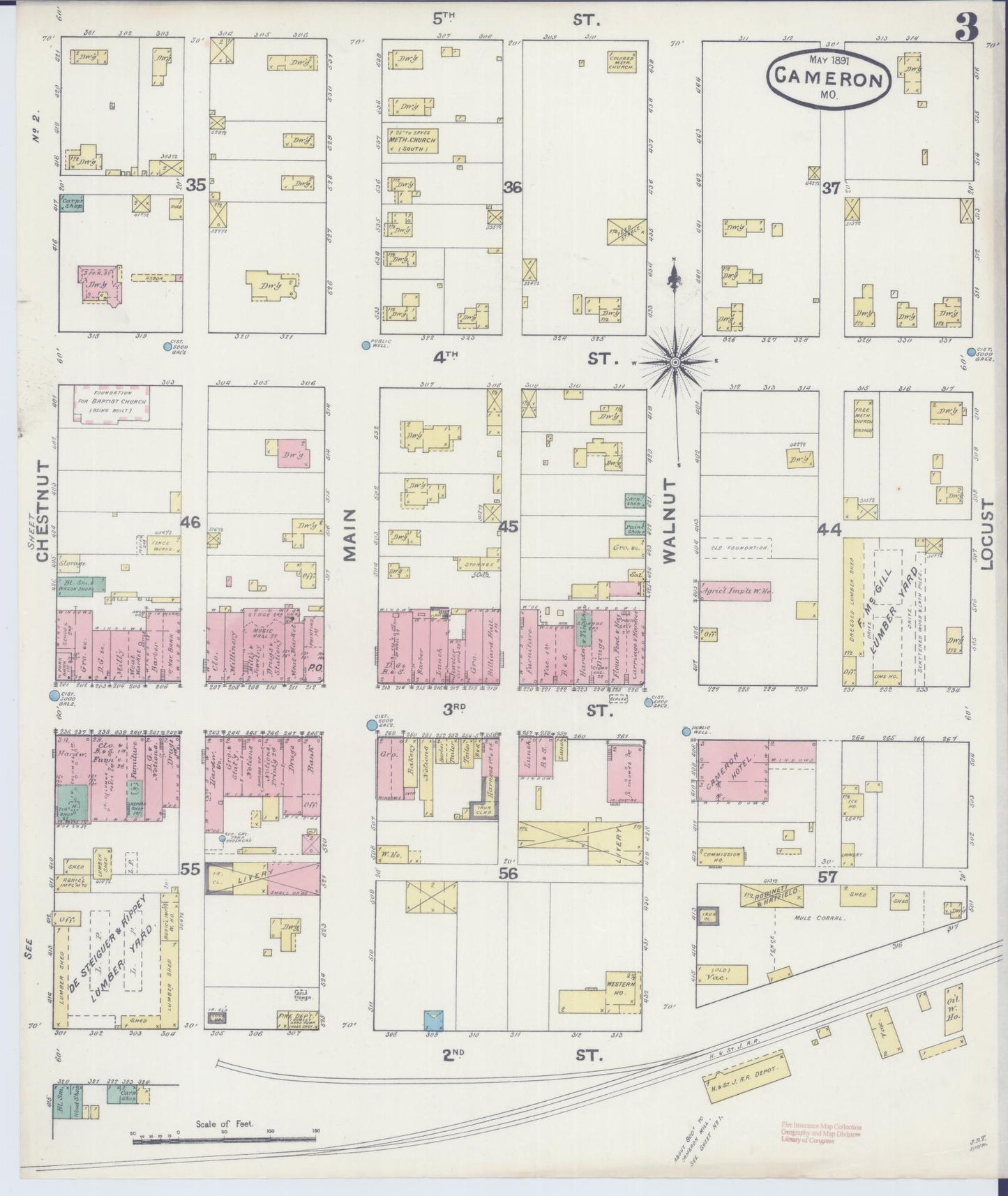 Sanborn Fire Insurance Map from Cameron, Clinton County, Missouri (1891), Sheet #0003 - Historic Sanborn Fire Insurance Map Print, vintage old map wall art, antique decor, genealogy gift, Missouri Missouri map