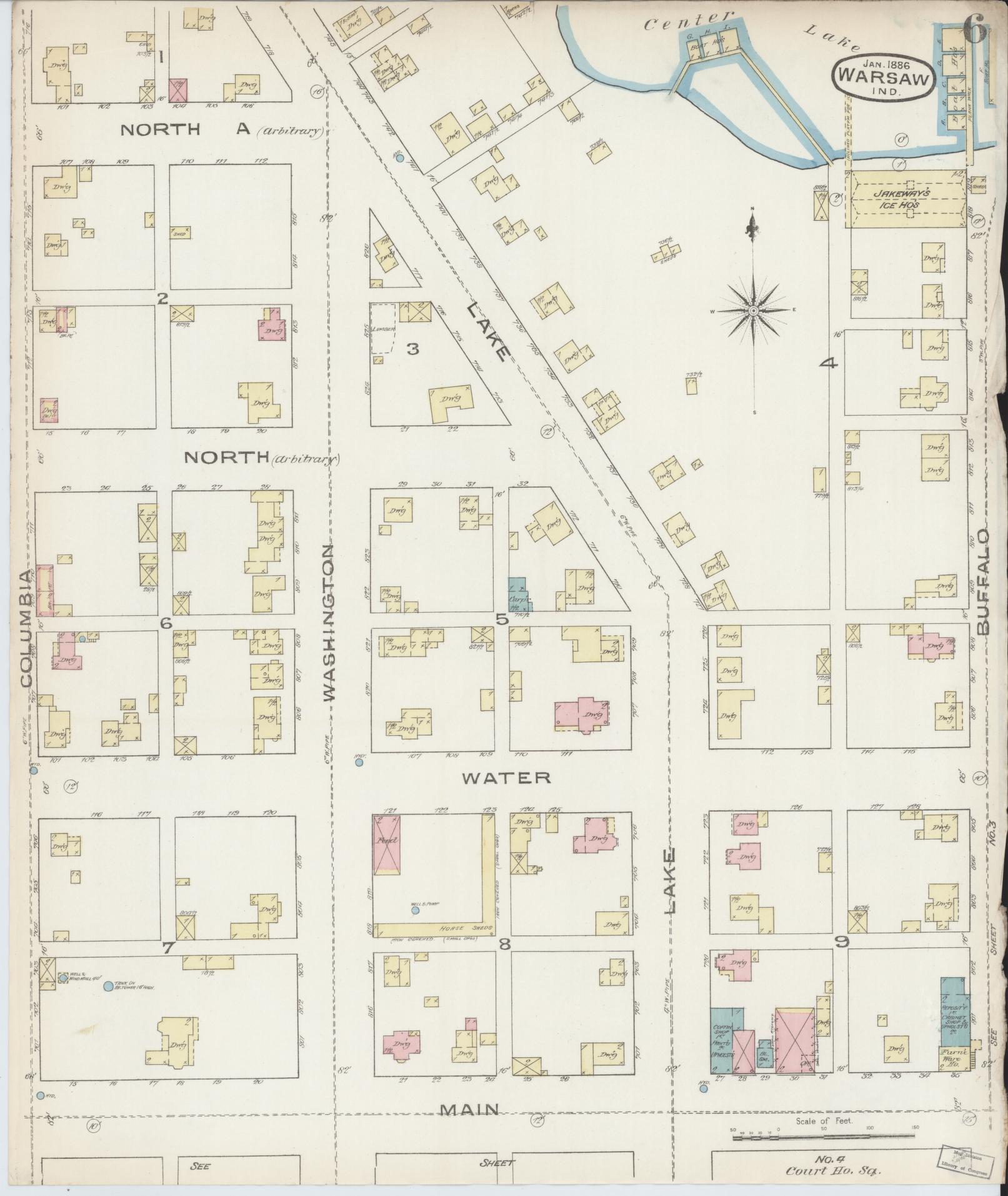 Sanborn Fire Insurance Map from Warsaw, Kosciusko County, Indiana (1886), Sheet #0006 - Historic Sanborn Fire Insurance Map Print, vintage old map wall art, antique decor, genealogy gift, Indiana Indiana map