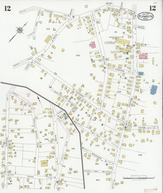 Sanborn Fire Insurance Map from Plymouth, Plymouth County, Massachusetts (1927), Sheet #0012 - Historic Sanborn Fire Insurance Map Print, vintage old map wall art, antique decor, genealogy gift, Massachusetts Massachusetts map