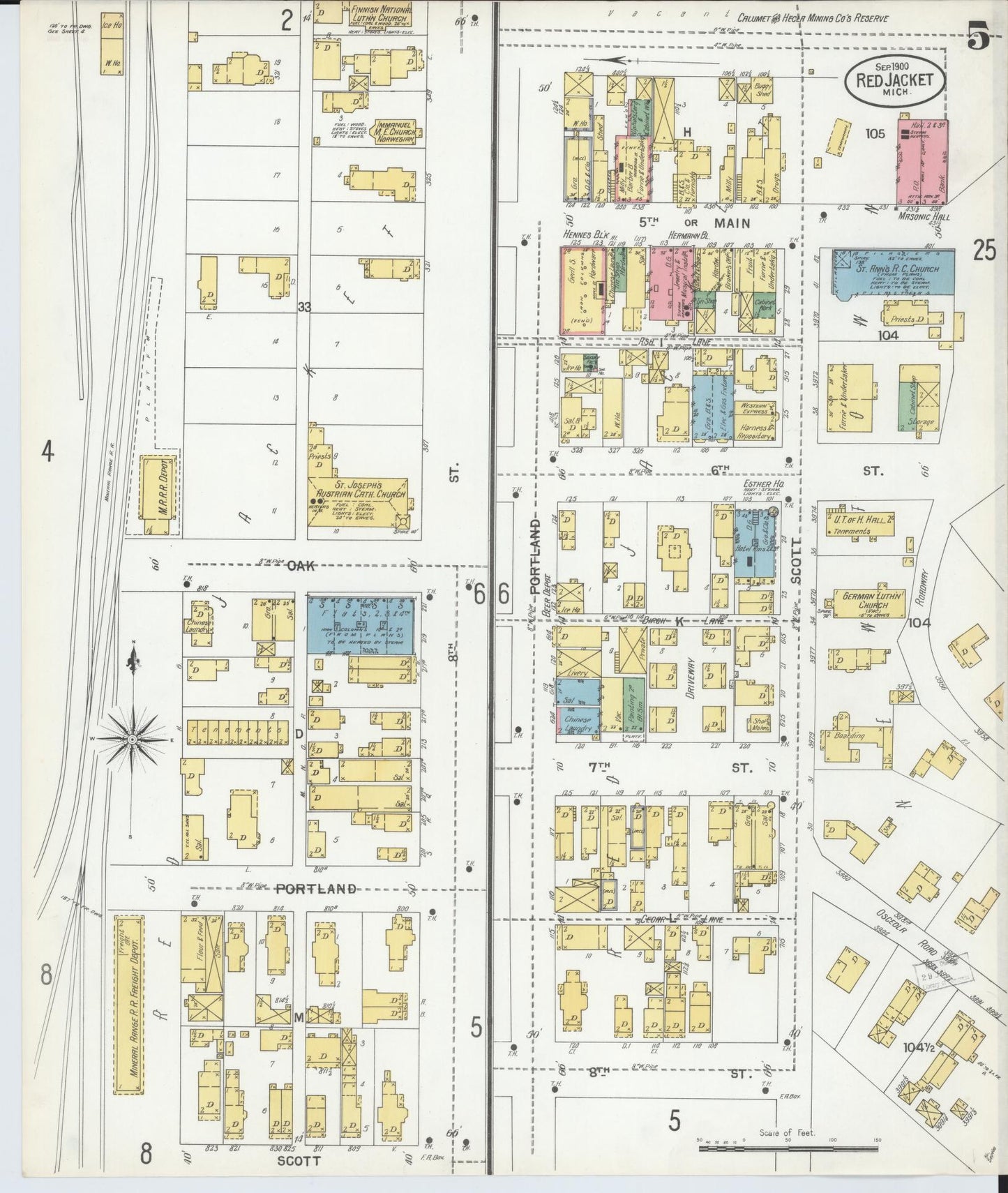 Sanborn Fire Insurance Map from Red Jacket, Houghton County, Michigan (1900), Sheet #0005 - Complete Map Set gallery image, historic Sanborn map, vintage wall art, Michigan Michigan