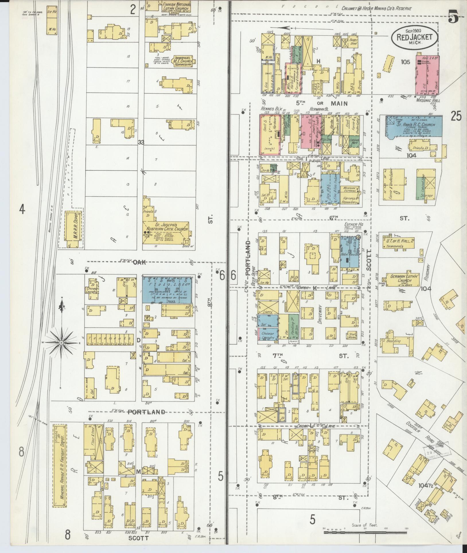 Sanborn Fire Insurance Map from Red Jacket, Houghton County, Michigan (1900), Sheet #0005 - Complete Map Set gallery image, historic Sanborn map, vintage wall art, Michigan Michigan