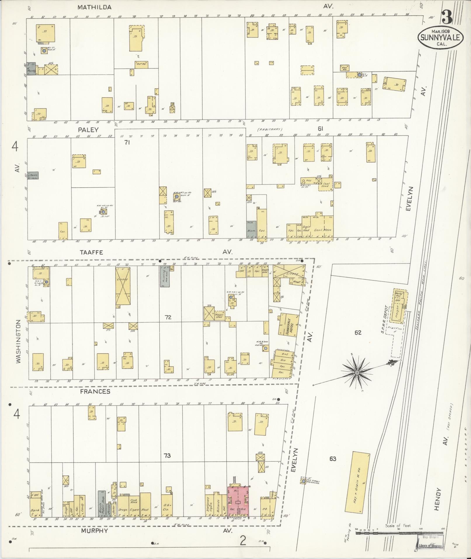 Sanborn Fire Insurance Map from Sunnyvale, Santa Clara County, California (1908), Sheet #0003 - Complete Map Set gallery image, historic Sanborn map, vintage wall art, California California