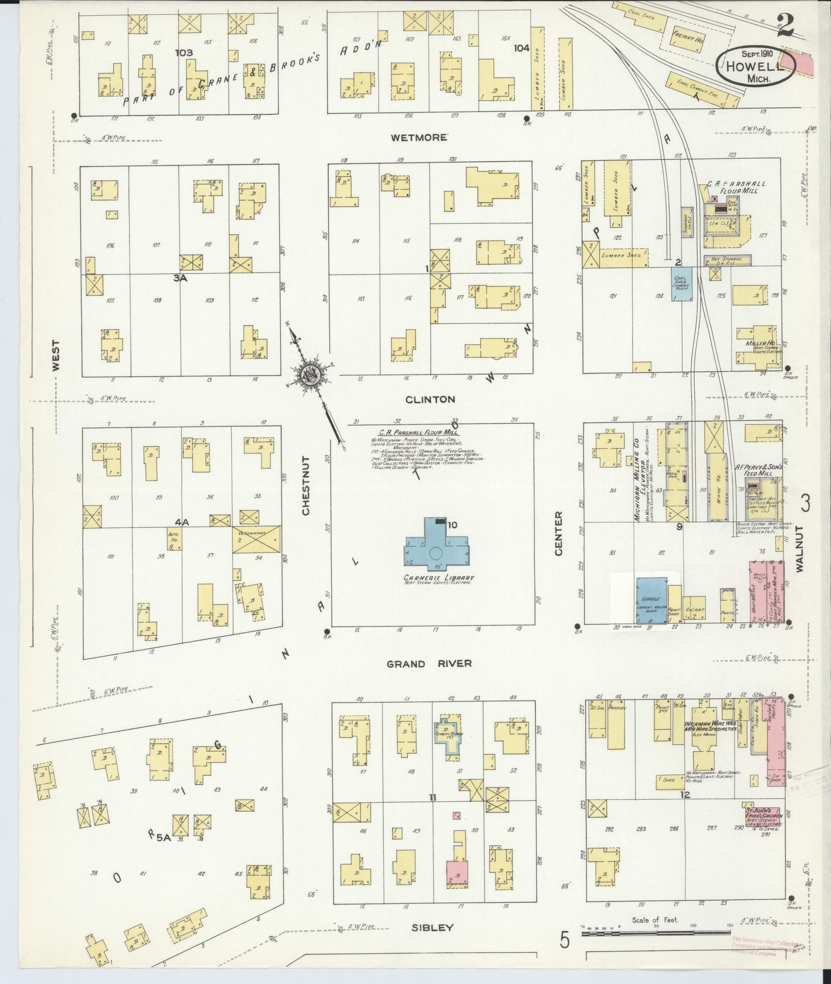 Sanborn Fire Insurance Map from Howell, Livingston County, Michigan (1910), Sheet #0002 - Complete Map Set gallery image, historic Sanborn map, vintage wall art, Michigan Michigan