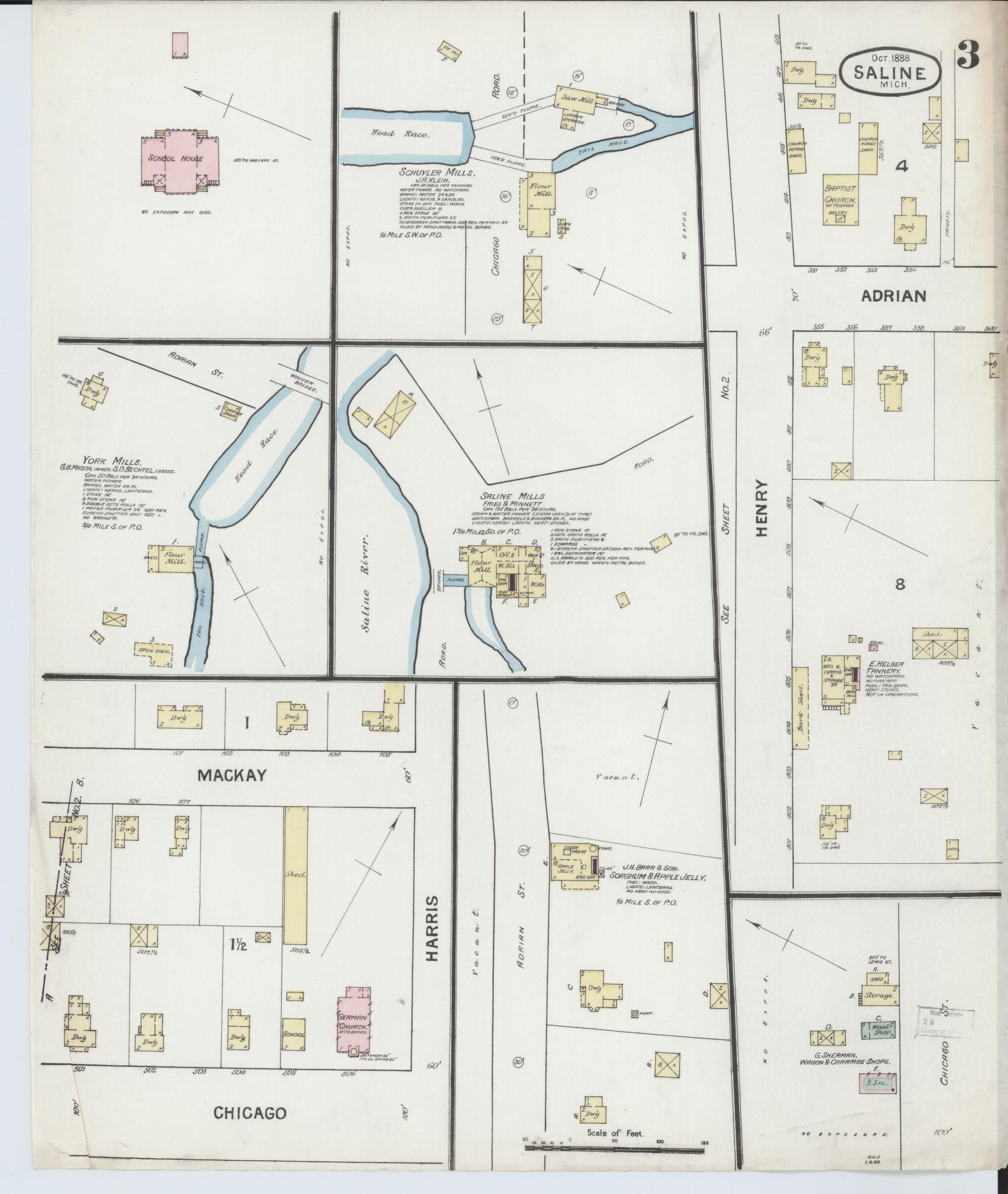 Sanborn Fire Insurance Map from Saline, Washtenaw County, Michigan (1888), Sheet #0003 - Complete Map Set gallery image, historic Sanborn map, vintage wall art, Michigan Michigan