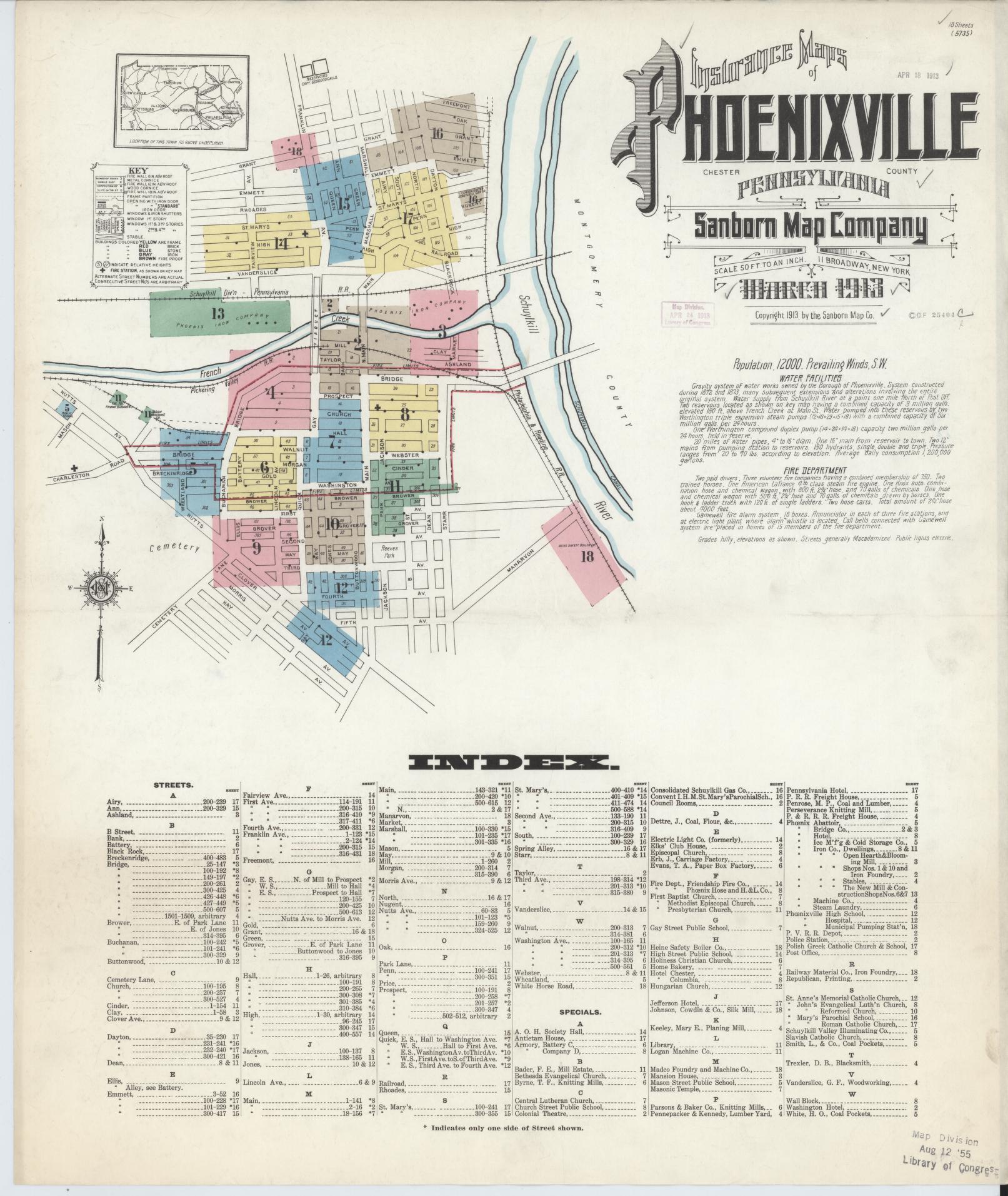 Sanborn Fire Insurance Map from Phoenixville, Chester County, Pennsylvania (1913), Sheet #0001 - Complete Map Set gallery image, historic Sanborn map, vintage wall art, Pennsylvania Pennsylvania