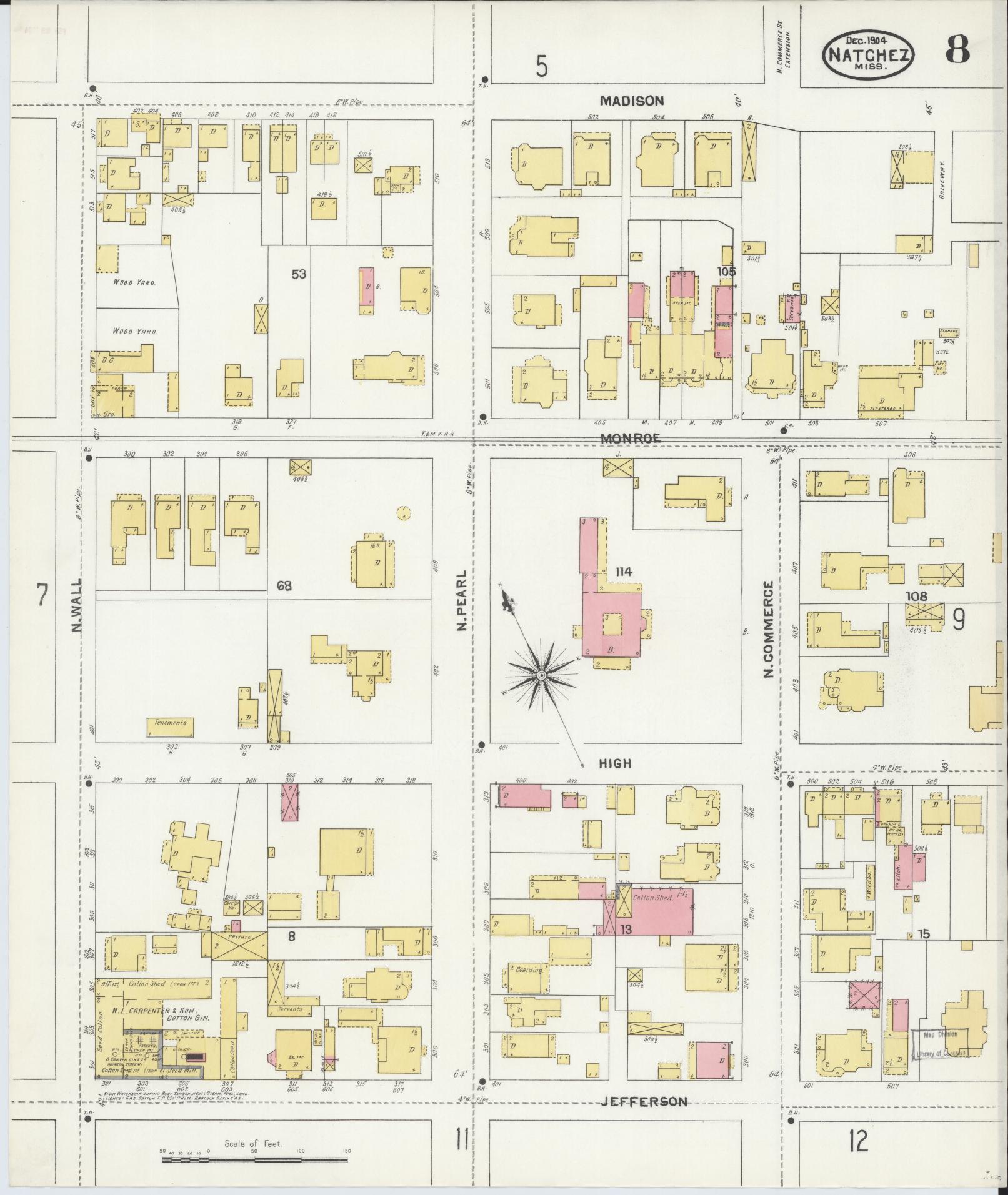 Sanborn Fire Insurance Map from Natchez, Adams County, Mississippi (1904), Sheet #0008 - Historic Sanborn Fire Insurance Map Print, vintage old map wall art, antique decor, genealogy gift, Mississippi Mississippi map