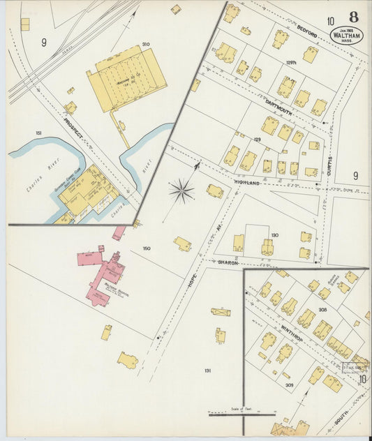 Sanborn Fire Insurance Map from Waltham, Middlesex County, Massachusetts (1903), Sheet #0008 - Historic Sanborn Fire Insurance Map Print, vintage old map wall art, antique decor, genealogy gift, Massachusetts Massachusetts map