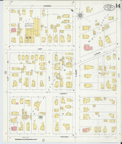 Sanborn Fire Insurance Map from Flint, Genesee County, Michigan (1902), Sheet #0014 - Historic Sanborn Fire Insurance Map Print, vintage old map wall art, antique decor, genealogy gift, Michigan Michigan map
