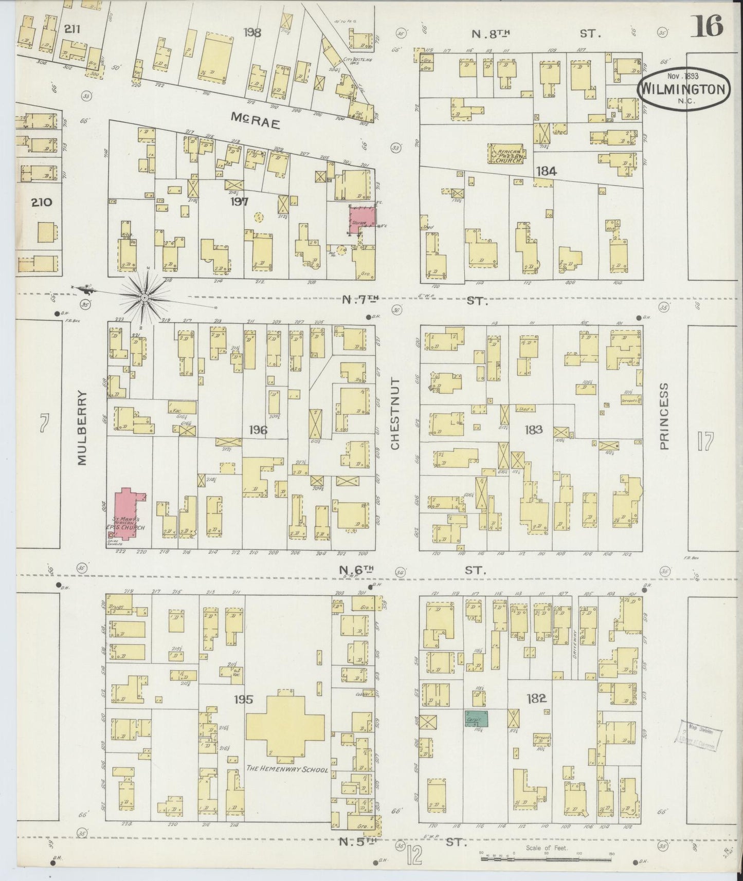 Sanborn Fire Insurance Map from Wilmington, New Hanover County, North Carolina (1893), Sheet #0016 - Historic Sanborn Fire Insurance Map Print, vintage old map wall art, antique decor, genealogy gift, North Carolina North Carolina map