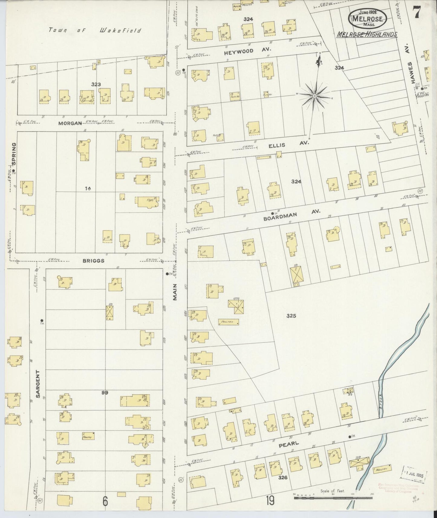 Sanborn Fire Insurance Map from Melrose, Middlesex County, Massachusetts (1909), Sheet #0007 - Complete Map Set gallery image, historic Sanborn map, vintage wall art, Massachusetts Massachusetts