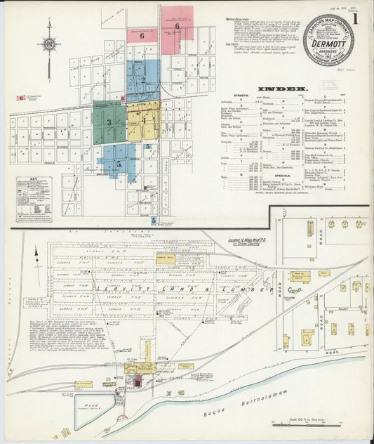 Sanborn Fire Insurance Map from Dermott, Chicot County, Arkansas (1912), Sheet #0001 - Complete Map Set gallery image, historic Sanborn map, vintage wall art, Arkansas Arkansas