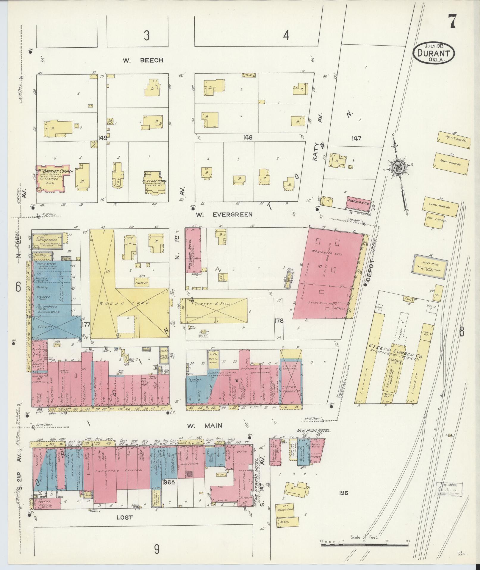 Sanborn Fire Insurance Map from Durant, Bryan County, Oklahoma (1913), Sheet #0007 - Historic Sanborn Fire Insurance Map Print, vintage old map wall art, antique decor, genealogy gift, Oklahoma Oklahoma map