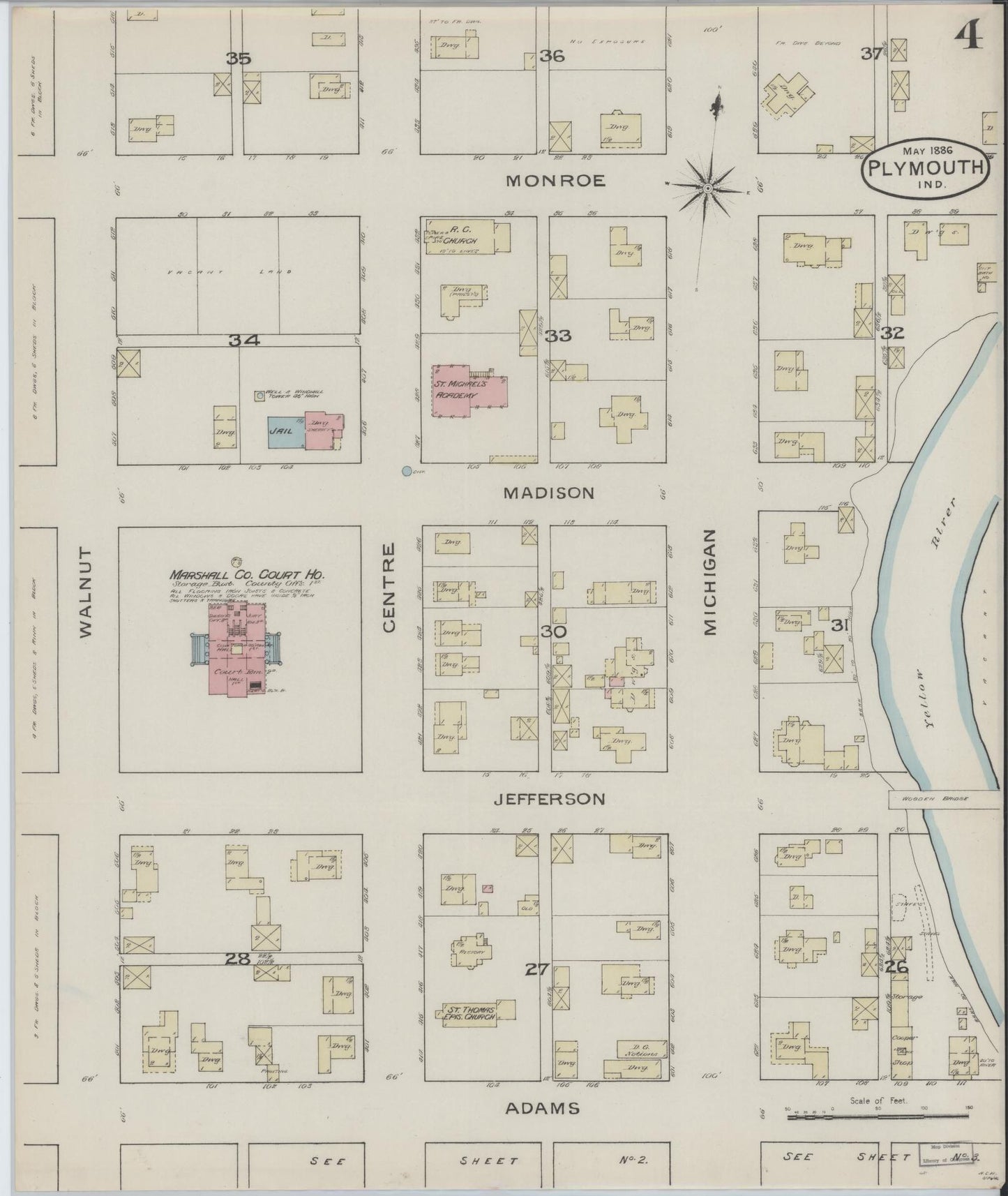 Sanborn Fire Insurance Map from Plymouth, Marhshall County, Indiana (1886), Sheet #0004 - Historic Sanborn Fire Insurance Map Print, vintage old map wall art, antique decor, genealogy gift, Indiana Indiana map