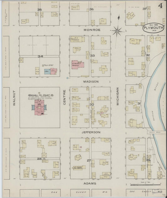 Sanborn Fire Insurance Map from Plymouth, Marhshall County, Indiana (1886), Sheet #0004 - Historic Sanborn Fire Insurance Map Print, vintage old map wall art, antique decor, genealogy gift, Indiana Indiana map