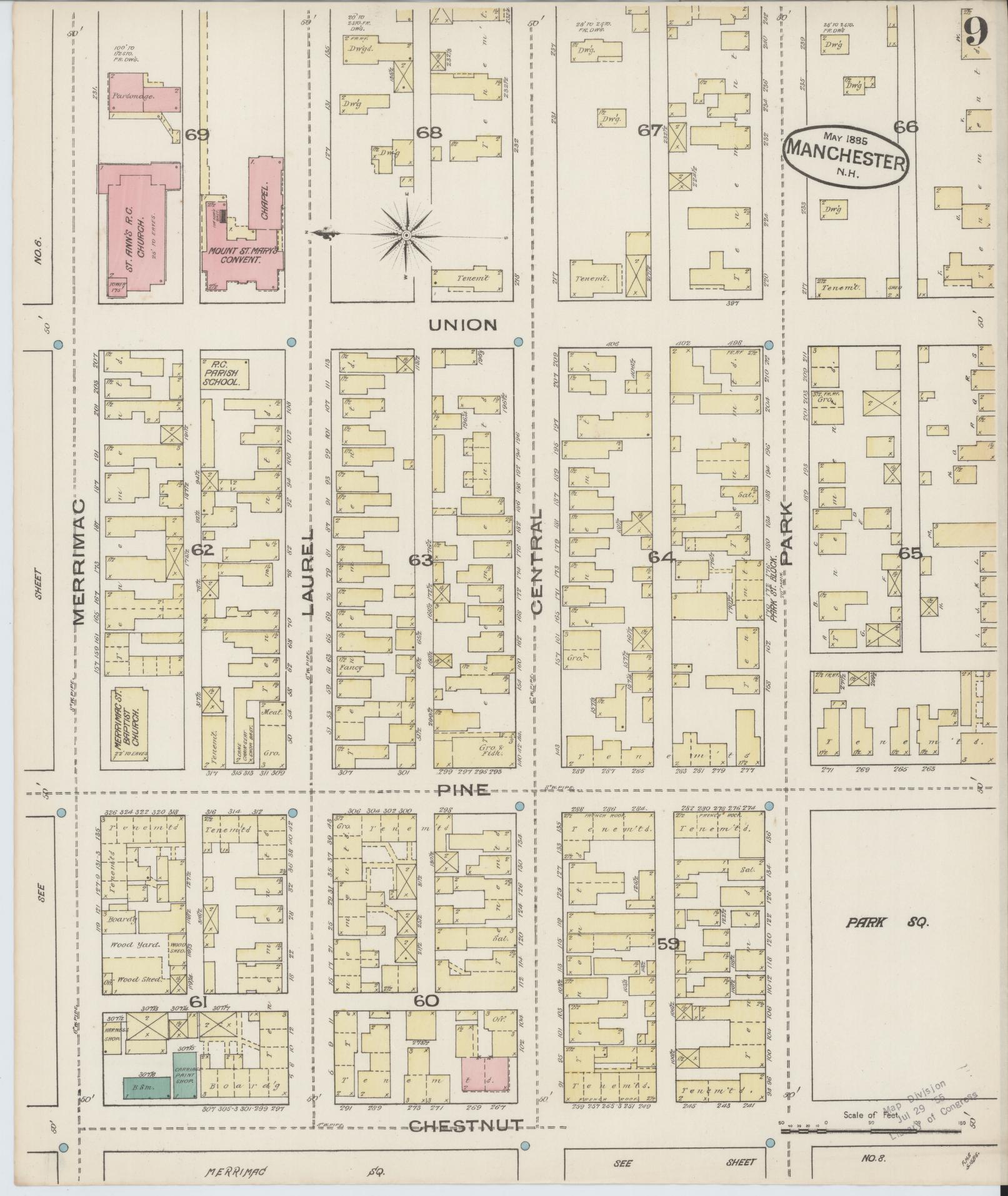 Sanborn Fire Insurance Map from Manchester, Hillsborough County, New Hampshire. (1885), Sheet 9 – Historic Sanborn Fire Insurance Map Print