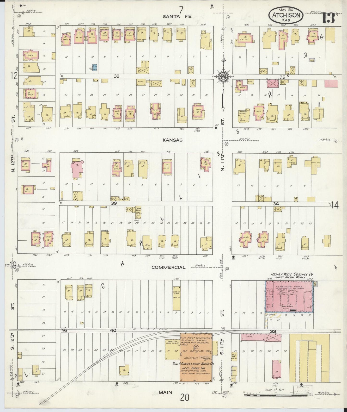 Sanborn Fire Insurance Map from Atchison, Atchison County, Kansas (1916), Sheet #0013 - Historic Sanborn Fire Insurance Map Print, vintage old map wall art, antique decor, genealogy gift, Kansas Kansas map