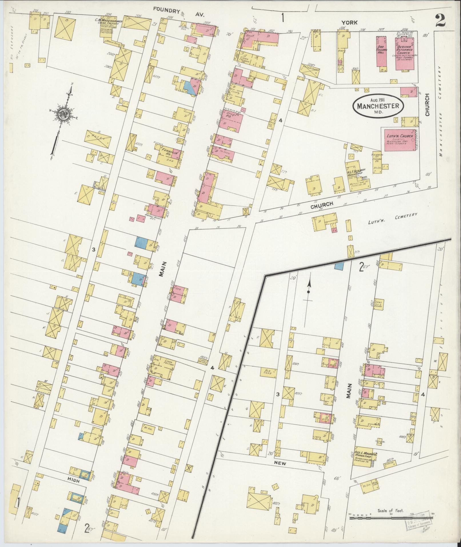 Sanborn Fire Insurance Map from Manchester, Carroll County, Maryland (1911), Sheet #0002 - Historic Sanborn Fire Insurance Map Print, vintage old map wall art