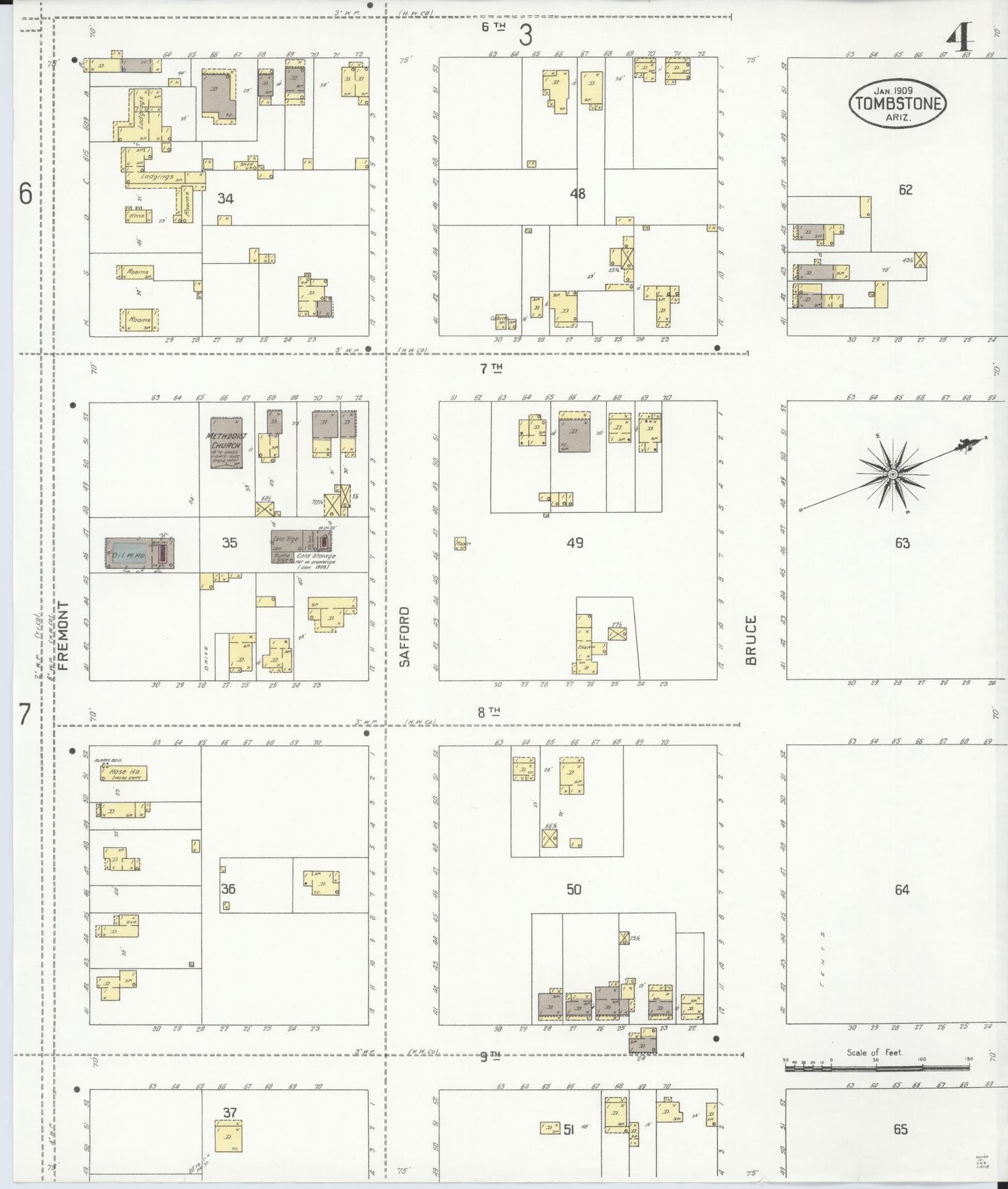Sanborn Fire Insurance Map from Tombstone, Cochise County, Arizona (1909), Sheet #0004 - Complete Map Set gallery image, historic Sanborn map, vintage wall art, Arizona Arizona