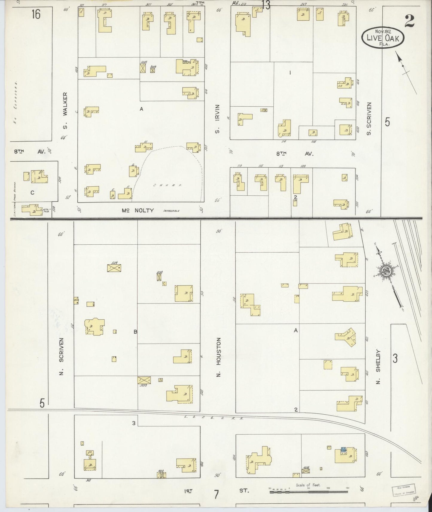 Sanborn Fire Insurance Map from Live Oak, Suwanee County, Florida (1912), Sheet #0002 - Complete Map Set gallery image, historic Sanborn map, vintage wall art, Florida Florida