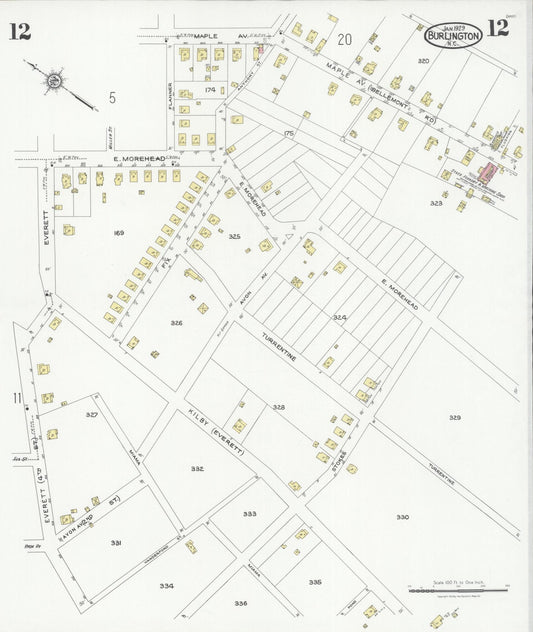 Sanborn Fire Insurance Map from Burlington, Alamance County, North Carolina (1929), Sheet #0012 - Historic Sanborn Fire Insurance Map Print, vintage old map wall art, antique decor, genealogy gift, North Carolina North Carolina map