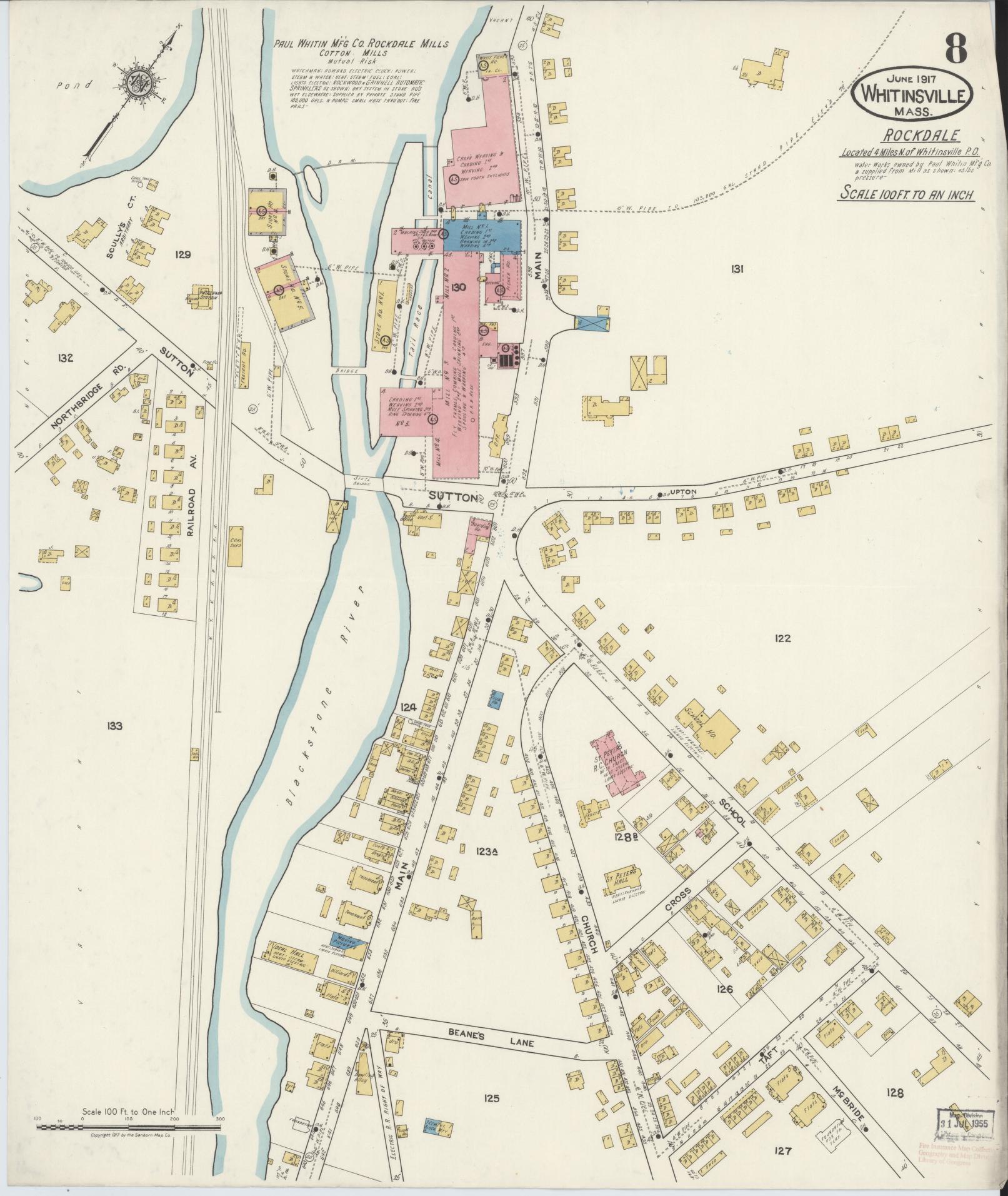 Sanborn Fire Insurance Map from Whitinsville, Worcester County, Massachusetts (1917), Sheet #0008 - Complete Map Set gallery image, historic Sanborn map, vintage wall art, Massachusetts Massachusetts