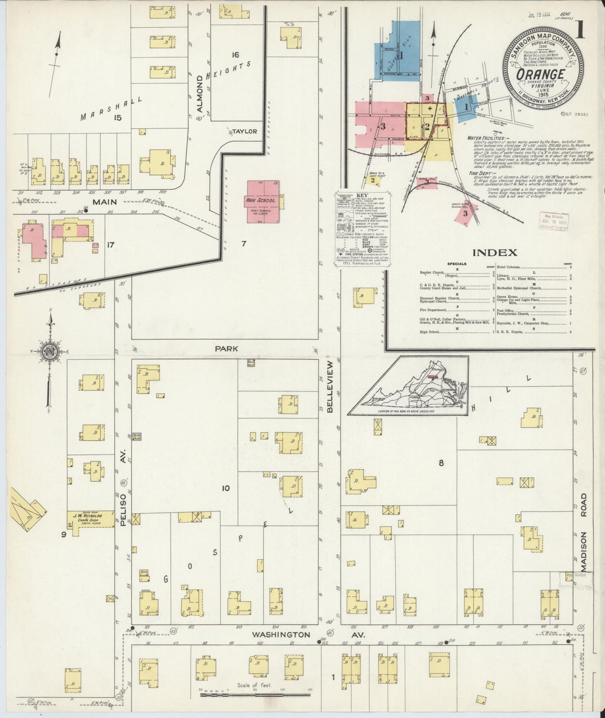 Sanborn Fire Insurance Map from Orange, Orange County, Virginia (1915), Sheet #0001 - Complete Map Set gallery image, historic Sanborn map, vintage wall art, Virginia Virginia