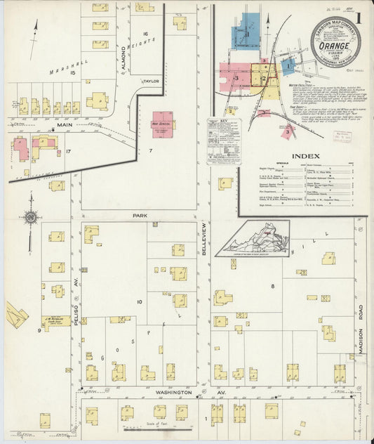 Sanborn Fire Insurance Map from Orange, Orange County, Virginia (1915), Sheet #0001 - Complete Map Set gallery image, historic Sanborn map, vintage wall art, Virginia Virginia