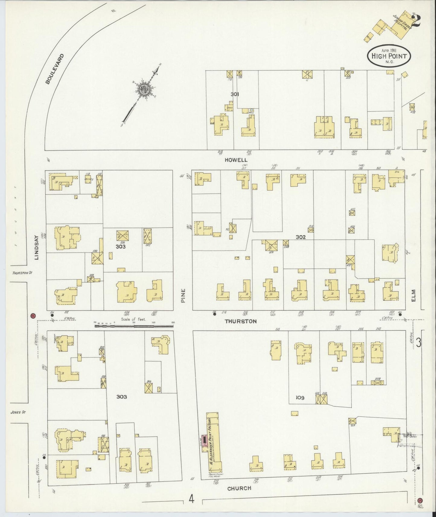Sanborn Fire Insurance Map from High Point, Guilford County, North Carolina (1911), Sheet #0002 - Complete Map Set gallery image, historic Sanborn map, vintage wall art, North Carolina North Carolina