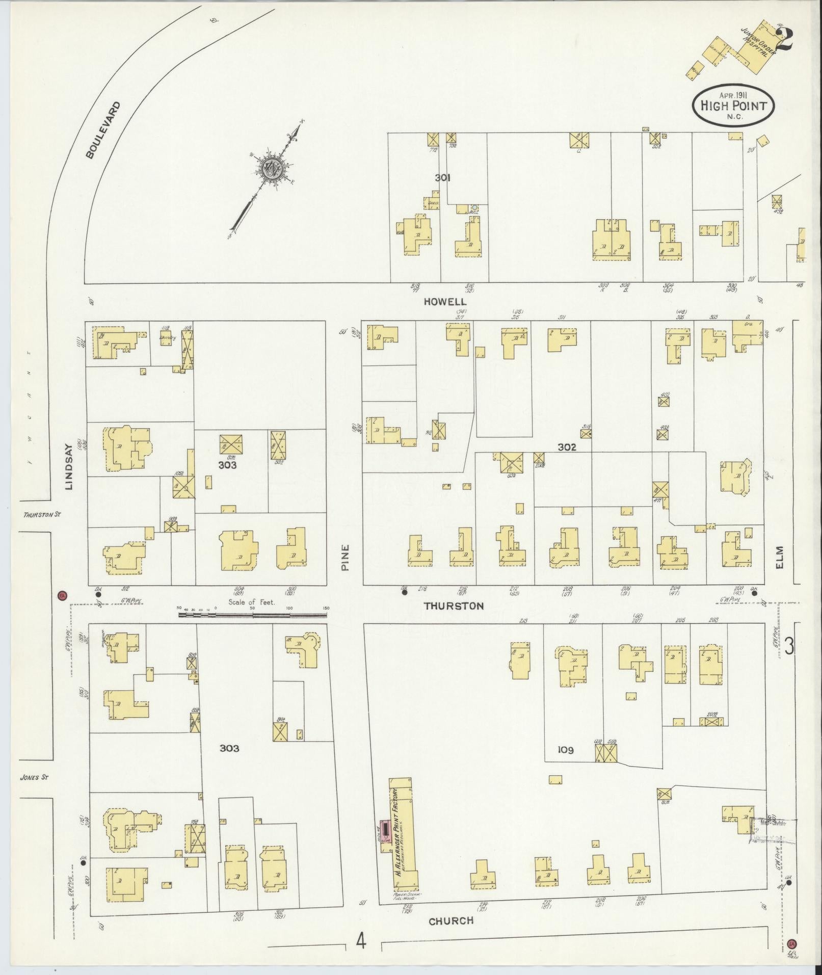 Sanborn Fire Insurance Map from High Point, Guilford County, North Carolina (1911), Sheet #0002 - Complete Map Set gallery image, historic Sanborn map, vintage wall art, North Carolina North Carolina