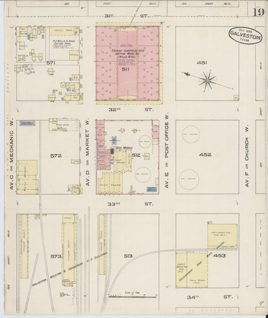 Sanborn Fire Insurance Map from Galveston, Galveston County, Texas (1885), Sheet #0019 - Historic Sanborn Fire Insurance Map Print, vintage old map wall art, antique decor, genealogy gift, Texas Texas map