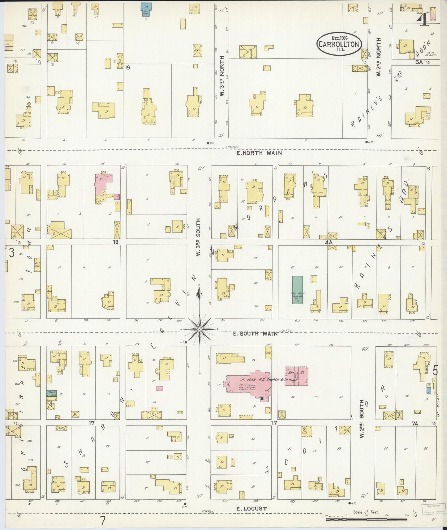 Sanborn Fire Insurance Map from Carrollton, Greene County, Illinois (1906), Sheet #0004 - Historic Sanborn Fire Insurance Map Print, vintage old map wall art, antique decor, genealogy gift, Illinois Illinois map
