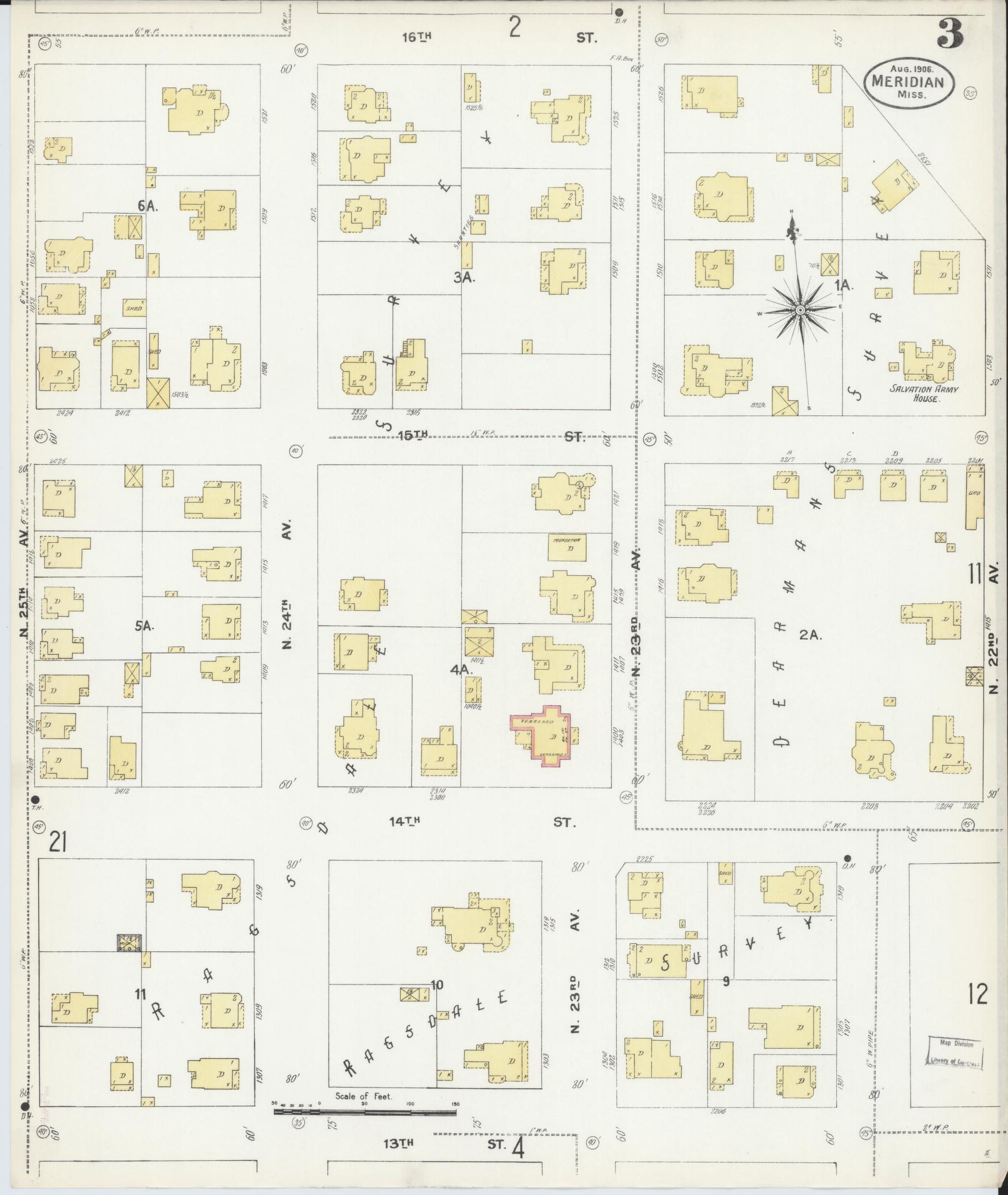 Sanborn Fire Insurance Map from Meridian, Lauderdale County, Mississippi (1906), Sheet #0003 - Historic Sanborn Fire Insurance Map Print, vintage old map wall art, antique decor, genealogy gift, Mississippi Mississippi map