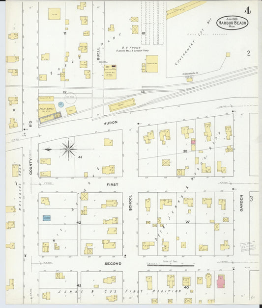 Sanborn Fire Insurance Map from Harbor Beach, Huron County, Michigan (1909), Sheet #0004 - Historic Sanborn Fire Insurance Map Print, vintage old map wall art, antique decor, genealogy gift, Michigan Michigan map