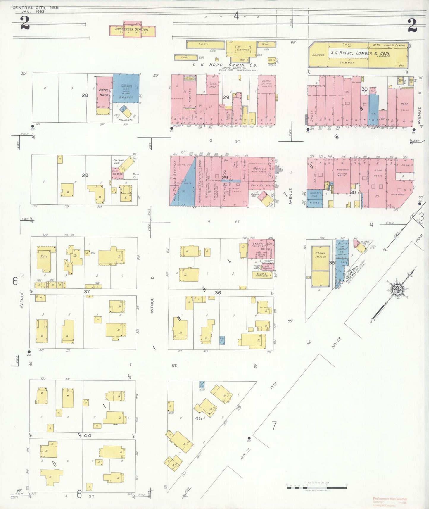 Sanborn Fire Insurance Map from Central City, Merrick County, Nebraska (1933), Sheet #0002 - Historic Sanborn Fire Insurance Map Print, vintage old map wall art, antique decor, genealogy gift, Nebraska Nebraska map