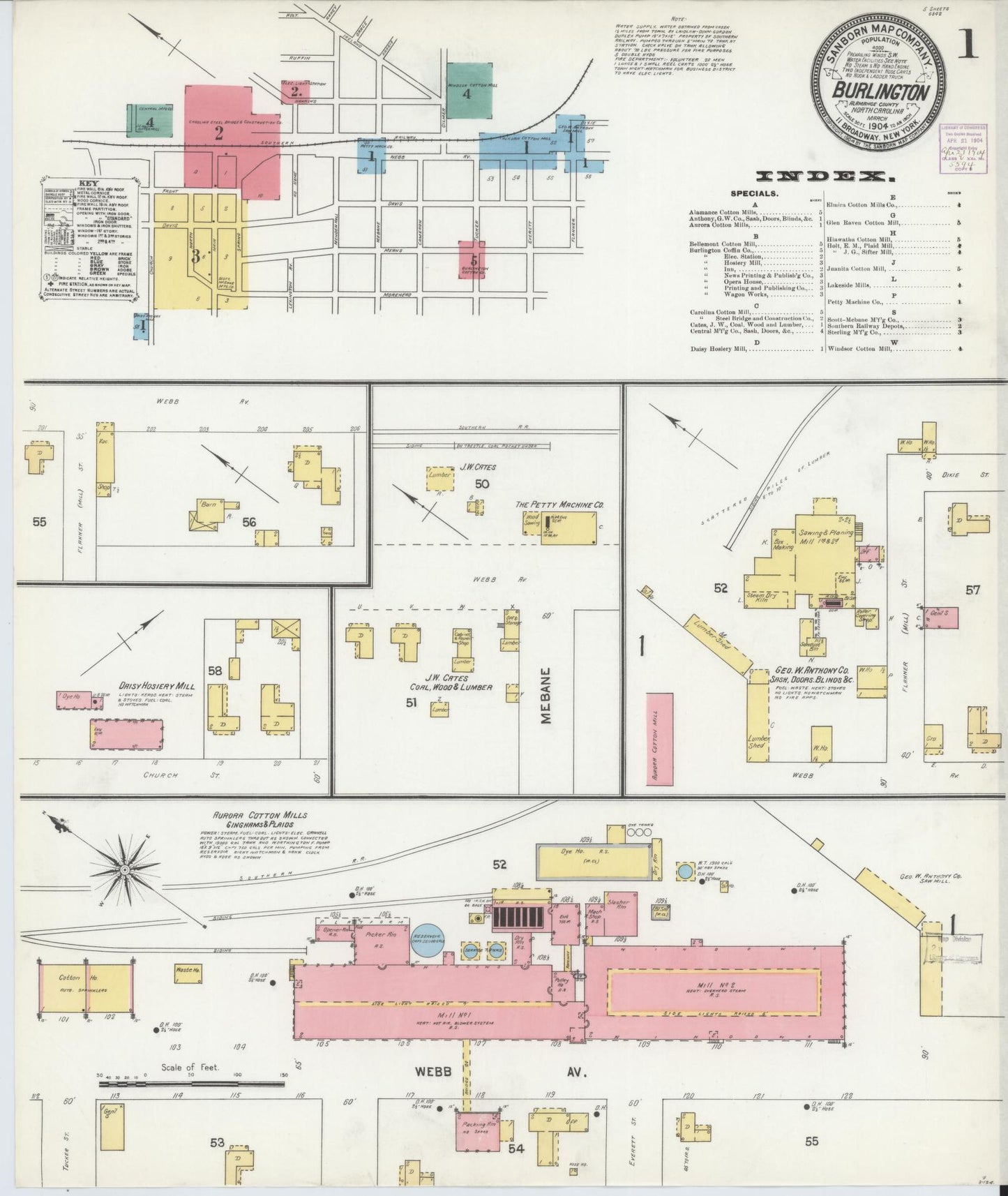 Sanborn Fire Insurance Map from Burlington, Alamance County, North Carolina (1904), Sheet #0001 - Historic Sanborn Fire Insurance Map Print, vintage old map wall art, antique decor, genealogy gift, North Carolina North Carolina map