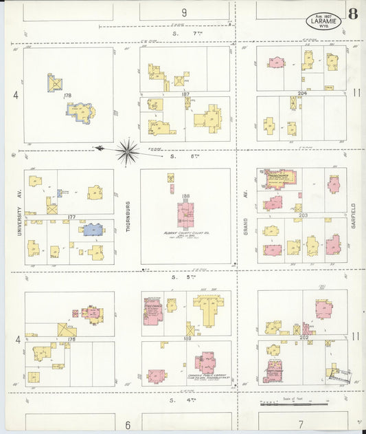 Sanborn Fire Insurance Map from Laramie, Albany County, Wyoming (1907), Sheet #0008 - Historic Sanborn Fire Insurance Map Print, vintage old map wall art, antique decor, genealogy gift, Wyoming Wyoming map