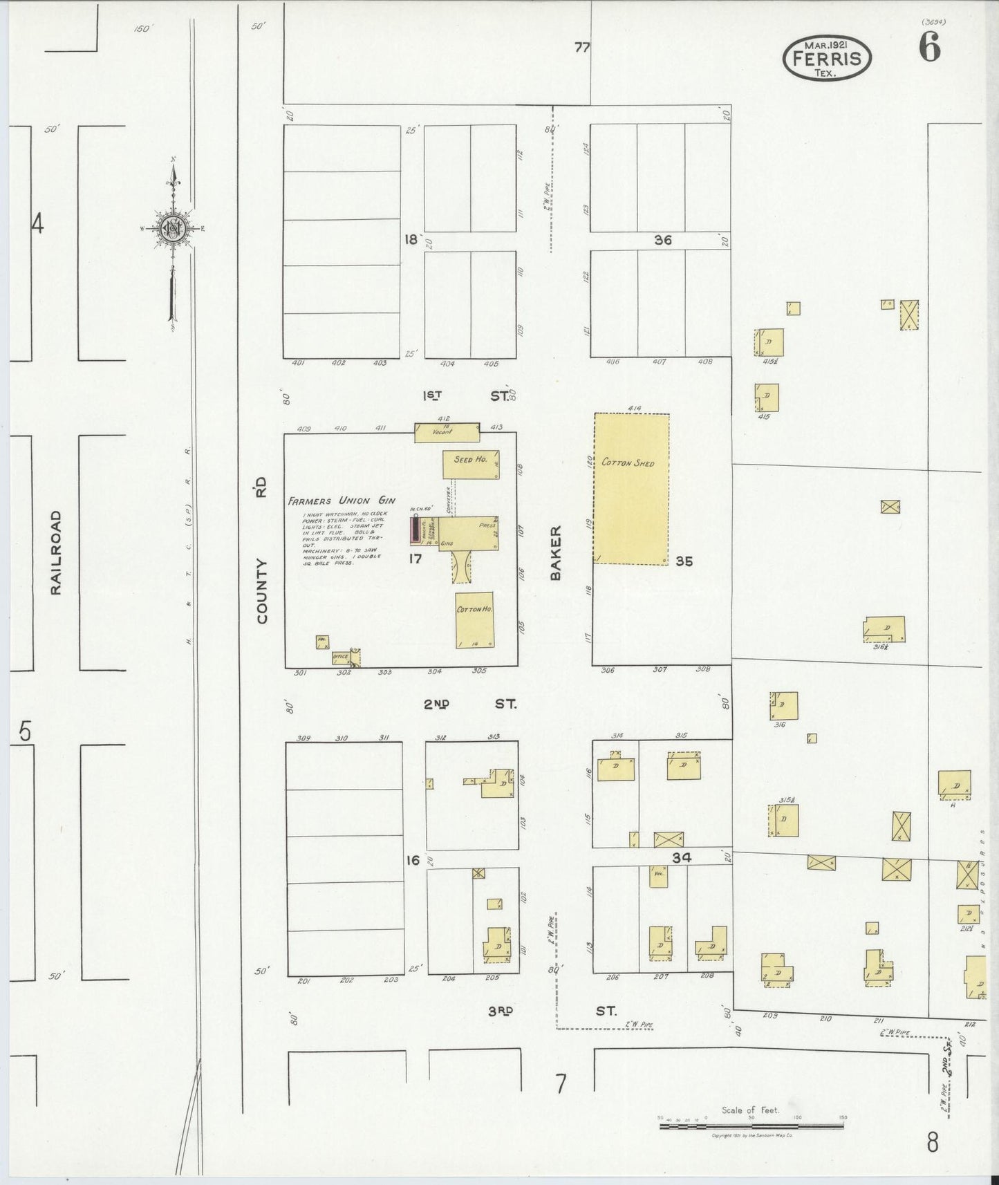 Sanborn Fire Insurance Map from Ferris, Ellis County, Texas (1921), Sheet #0006 - Historic Sanborn Fire Insurance Map Print, vintage old map wall art, antique decor, genealogy gift, Texas Texas map