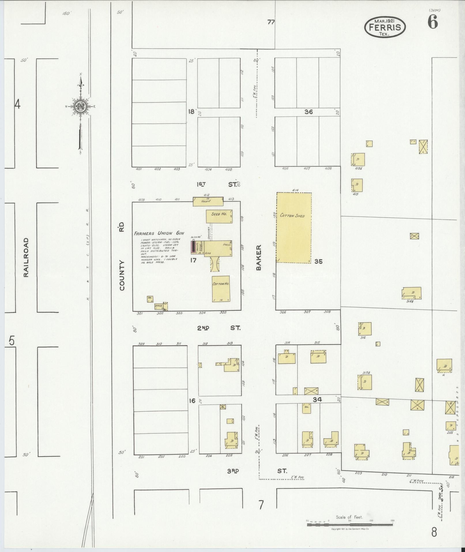 Sanborn Fire Insurance Map from Ferris, Ellis County, Texas (1921), Sheet #0006 - Historic Sanborn Fire Insurance Map Print, vintage old map wall art, antique decor, genealogy gift, Texas Texas map