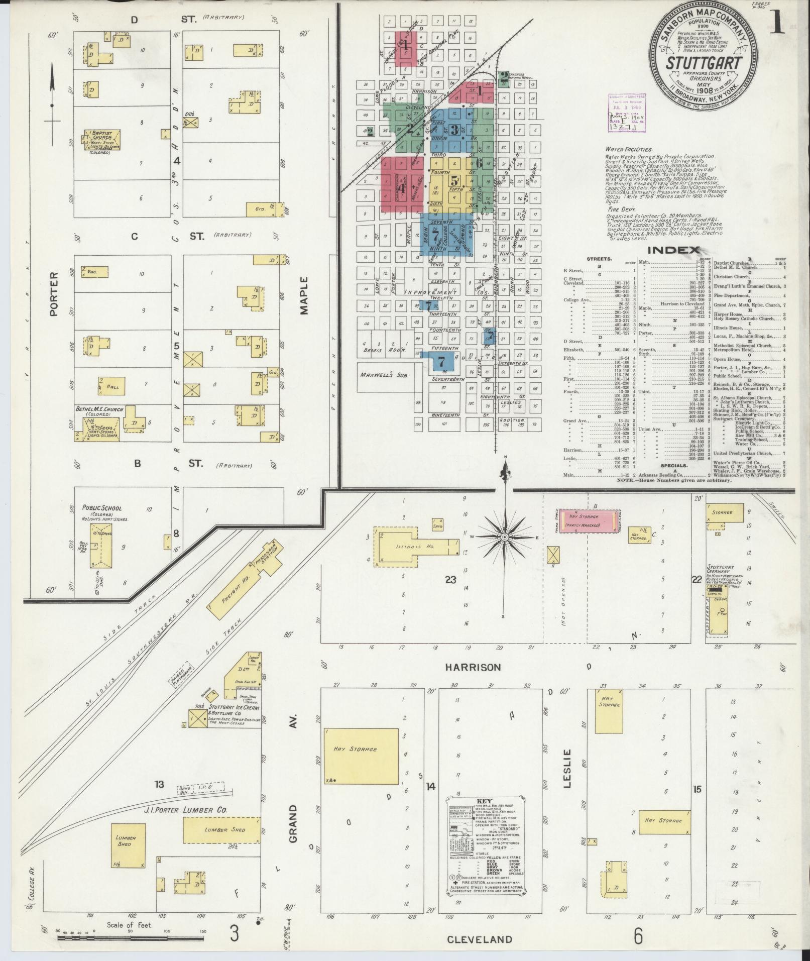 Sanborn Fire Insurance Map from Stuttgart, Arkansas County, Arkansas. (1908) – Historic Sanborn Fire Insurance Map Print