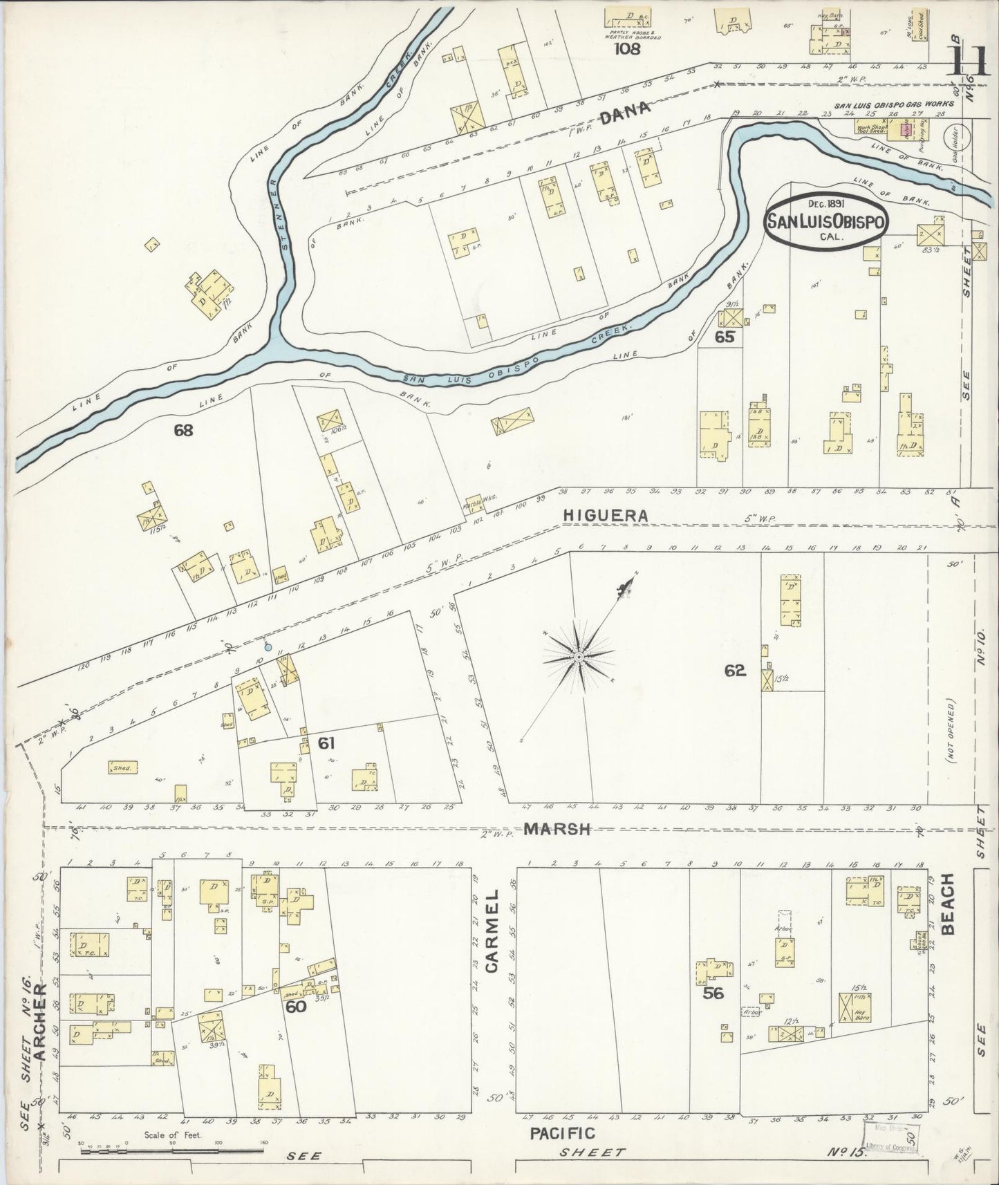 Sanborn Fire Insurance Map from San Luis Obispo, San Luis Obispo County, California (1891), Sheet #0011 - Complete Map Set gallery image, historic Sanborn map, vintage wall art, California California