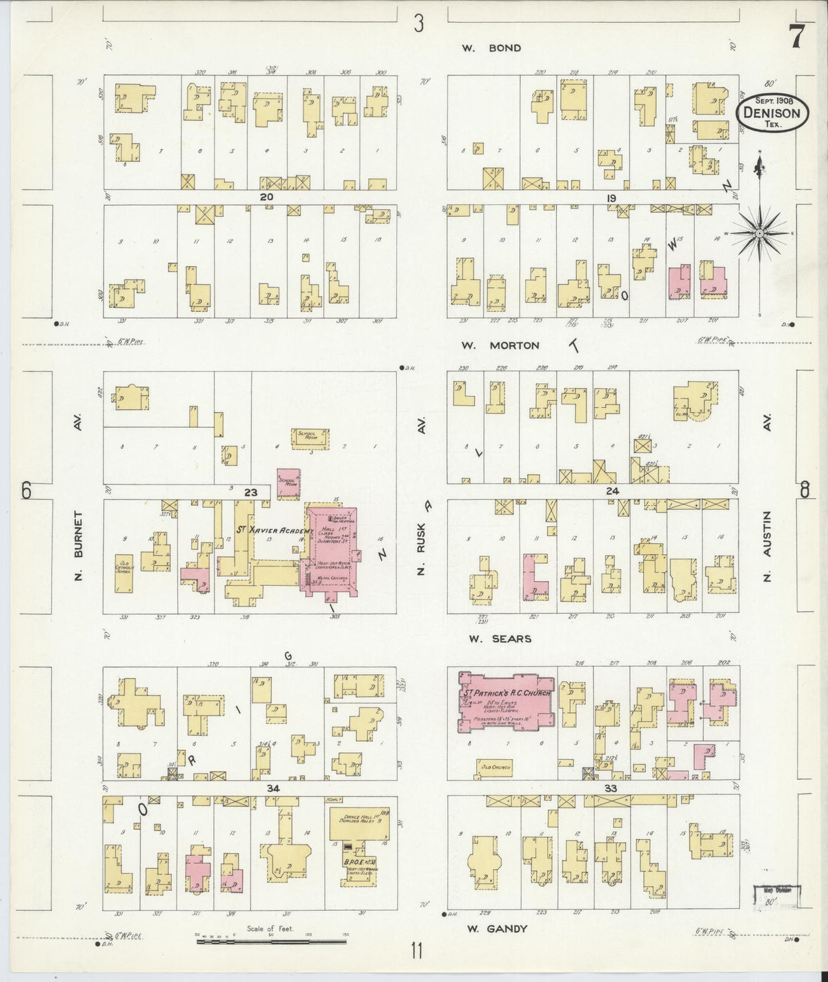 Sanborn Fire Insurance Map from Denison, Grayson County, Texas (1908), Sheet #0007 - Complete Map Set gallery image, historic Sanborn map, vintage wall art, Texas Texas
