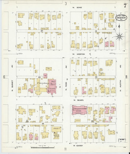 Sanborn Fire Insurance Map from Denison, Grayson County, Texas (1908), Sheet #0007 - Complete Map Set gallery image, historic Sanborn map, vintage wall art, Texas Texas