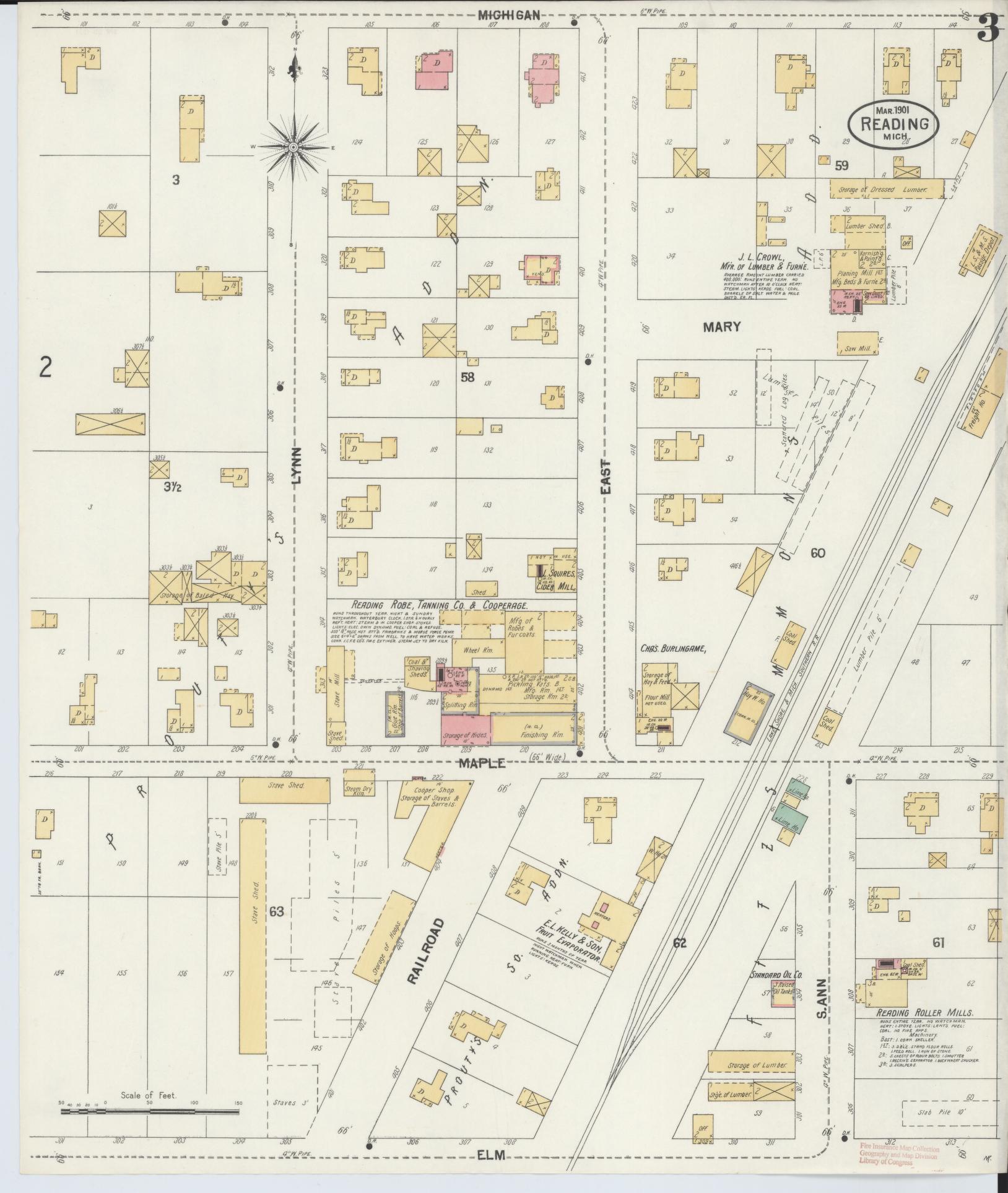 Sanborn Fire Insurance Map from Reading, Hillsdale County, Michigan (1901), Sheet #0003 - Complete Map Set gallery image, historic Sanborn map, vintage wall art, Michigan Michigan