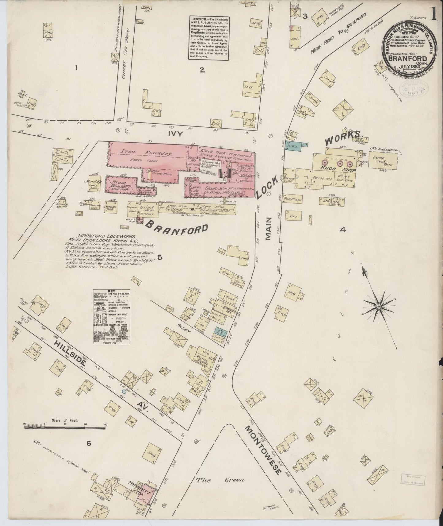 Sanborn Fire Insurance Map from Branford, New Haven County, Connecticut (1884), Sheet #0001 - Complete Map Set gallery image, historic Sanborn map, vintage wall art, Connecticut Connecticut