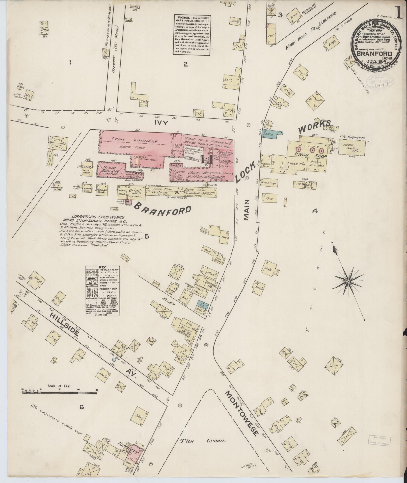 Sanborn Fire Insurance Map from Branford, New Haven County, Connecticut (1884), Sheet #0001 - Complete Map Set gallery image, historic Sanborn map, vintage wall art, Connecticut Connecticut