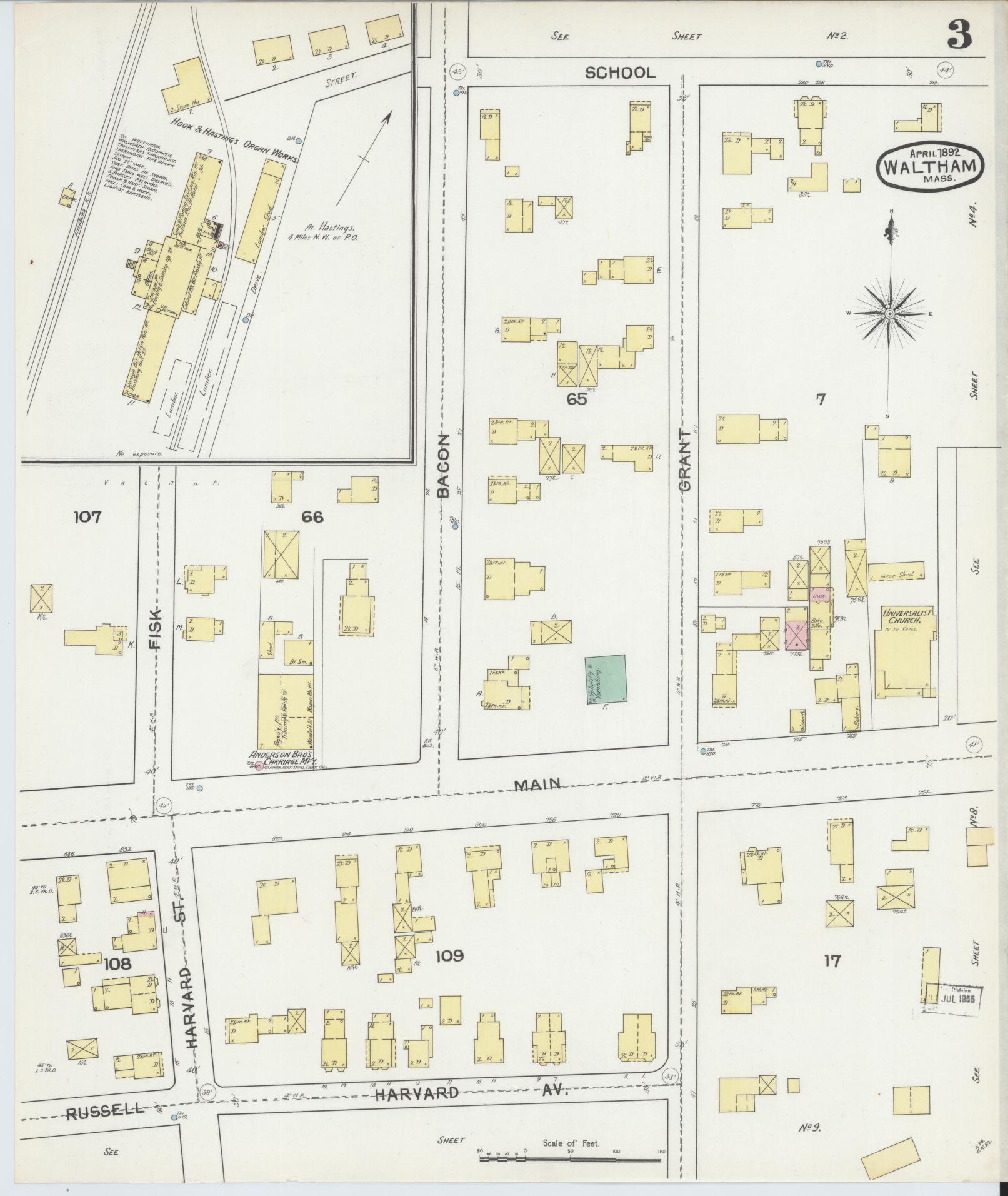 Sanborn Fire Insurance Map from Waltham, Middlesex County, Massachusetts (1892), Sheet #0003 - Historic Sanborn Fire Insurance Map Print, vintage old map wall art, antique decor, genealogy gift, Massachusetts Massachusetts map