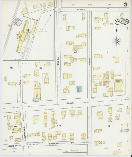 Sanborn Fire Insurance Map from Waltham, Middlesex County, Massachusetts (1892), Sheet #0003 - Historic Sanborn Fire Insurance Map Print, vintage old map wall art, antique decor, genealogy gift, Massachusetts Massachusetts map