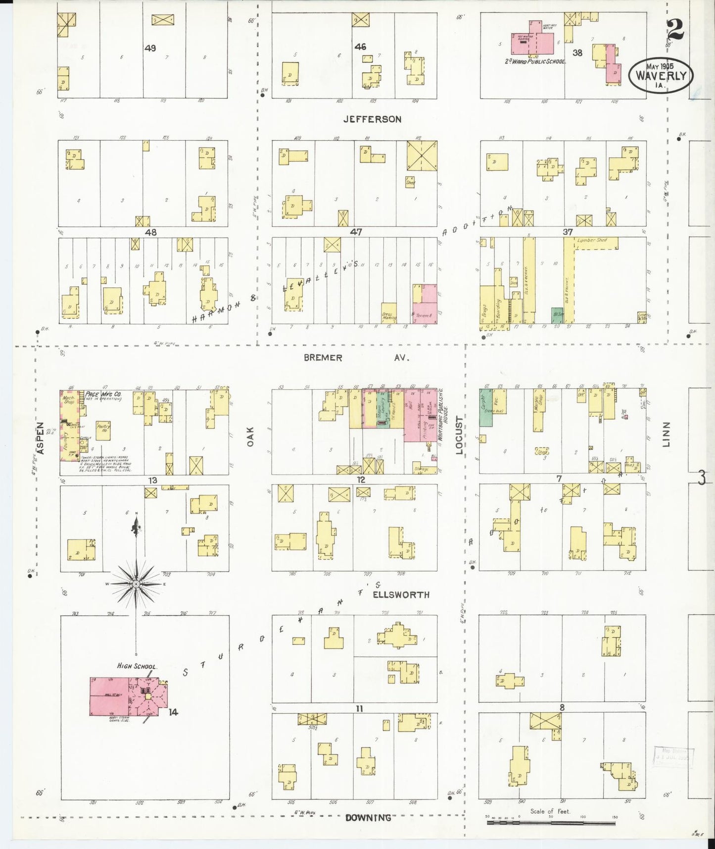 Sanborn Fire Insurance Map from Waverly, Bremer County, Iowa (1905), Sheet #0002 - Historic Sanborn Fire Insurance Map Print, vintage old map wall art